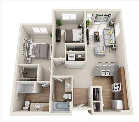 Floor plan for 2 beds, 2 baths, 964 sqft
